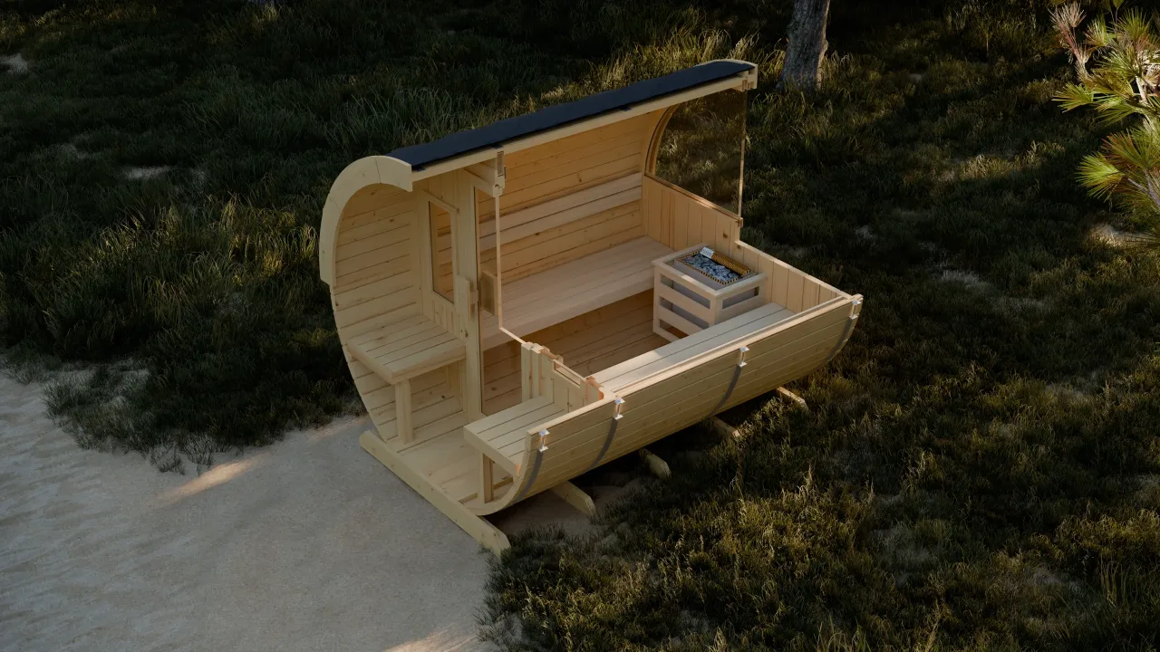 Moderne Gartensauna im Fassdesign mit optionalem Fenster und hochwertiger Verarbeitung nahe Köln