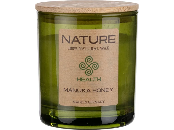 duftkerze im glas manuka honey, duftkerze kaufen, natur duftkerze deutschland, manuka honey duftkerze detail, aroma kerze manuka honey, premium duftkerze, duftkerze glas design, duftkerze wohnraum, aromakerze modern, duftkerze für wohnung, duftkerze wellness zuhause, aromatherapie kerze, NATURE Duftkerze Manuka Honey Natur Duftkerze im Glas aus Raps- und Olivenwachs – CO₂-neutral, rußarm und nachhaltig in Deutschland hergestellt