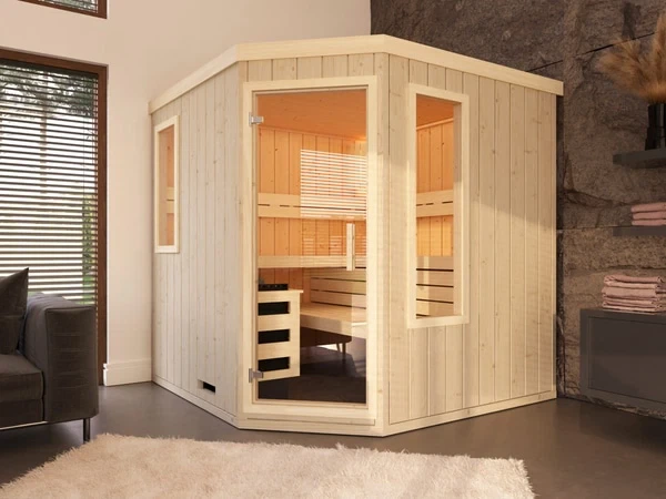 premium innensauna lena 5 eck, indoor sauna kaufen, innensauna für zuhause, innensauna innenraum holz, sauna indoor wellness, premium sauna wohnbereich, innensauna detailaufnahme, sauna holzverarbeitung, sauna 5 eck design, sauna innenbereich sitzplätze, ergonomische sauna bank, innensauna komfort
