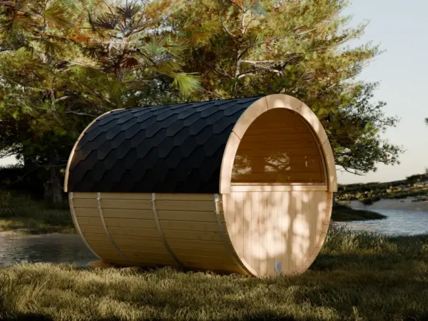 Moderne Fasssauna aus Holz für 4 Personen im Raum Köln und Düsseldorf