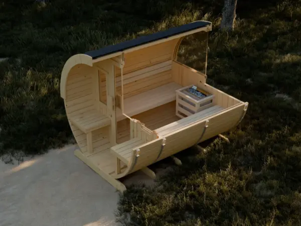 Moderne Gartensauna im Fassdesign mit optionalem Fenster und hochwertiger Verarbeitung nahe Köln