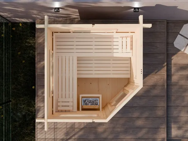 Moderne 5-Eck Gartensauna FRANCIS für den Garten im Raum Düsseldorf und Koblenz