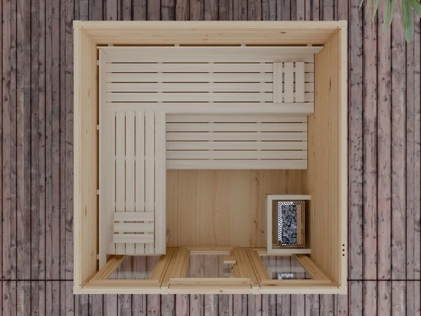 Premium Gartensauna mit modernem 4-Eck Design nahe Neuwied und dem Rhein-Sieg-Kreis