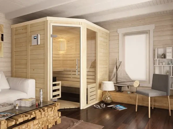 premium innensauna daniel 5 eck, innensauna 5 eck massivholz, heimsauna indoor kaufen, sauna wohnraum design, blockbohlen sauna polarfichte, ergonomische saunaliege innenraum