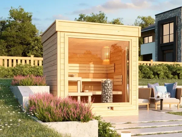 Gartensauna GABI aus Massivholz mit Flachdach