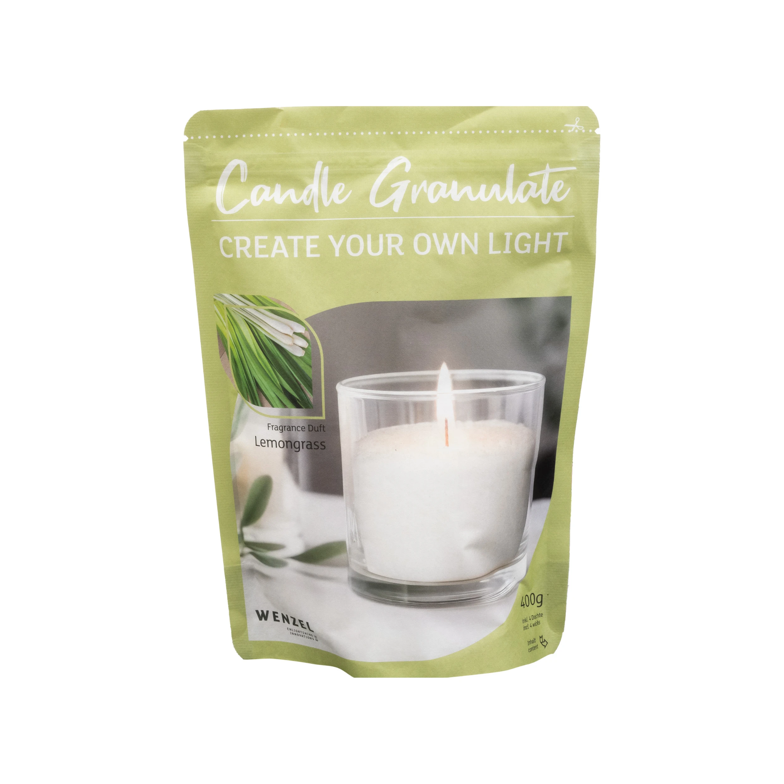 WENZEL Kerzengranulat 400g Lemongrass mit 4 Dochten und Haltern, Wenzel Kerzengranulat 400 g Lemongrass Duft zum Kerzen selber machen, Kerzengranulat Lemongrass 400g von WENZEL für DIY Kerzen im Glas, WENZEL Duft Kerzengranulat Lemongrass Set inklusive Docht und Halter, Kerzengranulat 400 g Lemongrass für ruhigen und rußarmen Abbrand, DIY Kerzen selber machen mit WENZEL Kerzengranulat Lemongrass, Wenzel Kerzenzubehör Kerzengranulat 400g Lemongrass Duftgranulat, Kerzen Granulat 400g Lemongrass zum Gießen von Duftkerzen, WENZEL Kerzengranulat Lemongrass Detailaufnahme Wachsgranulat Struktur, Kerzengranulat Set 400 g Lemongrass für Kerzen im Glas selber machen