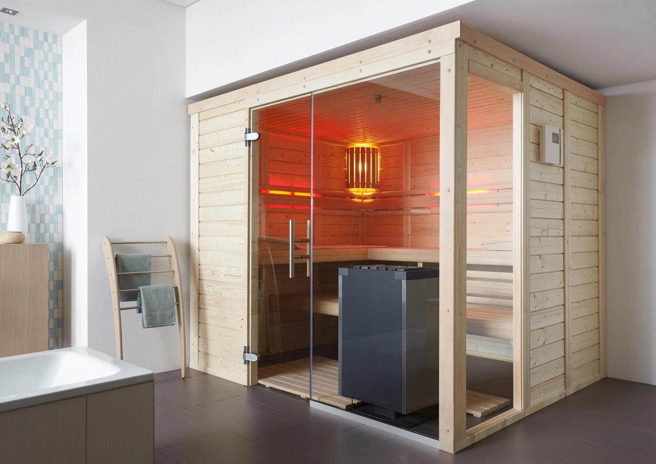premium innensauna daniel massivholz, innensauna kaufen deutschland, blockbohlen sauna 45 mm, heimsauna polarfichte innenraum, sauna mit glastür innenbereich, massivholz sauna wohnraum