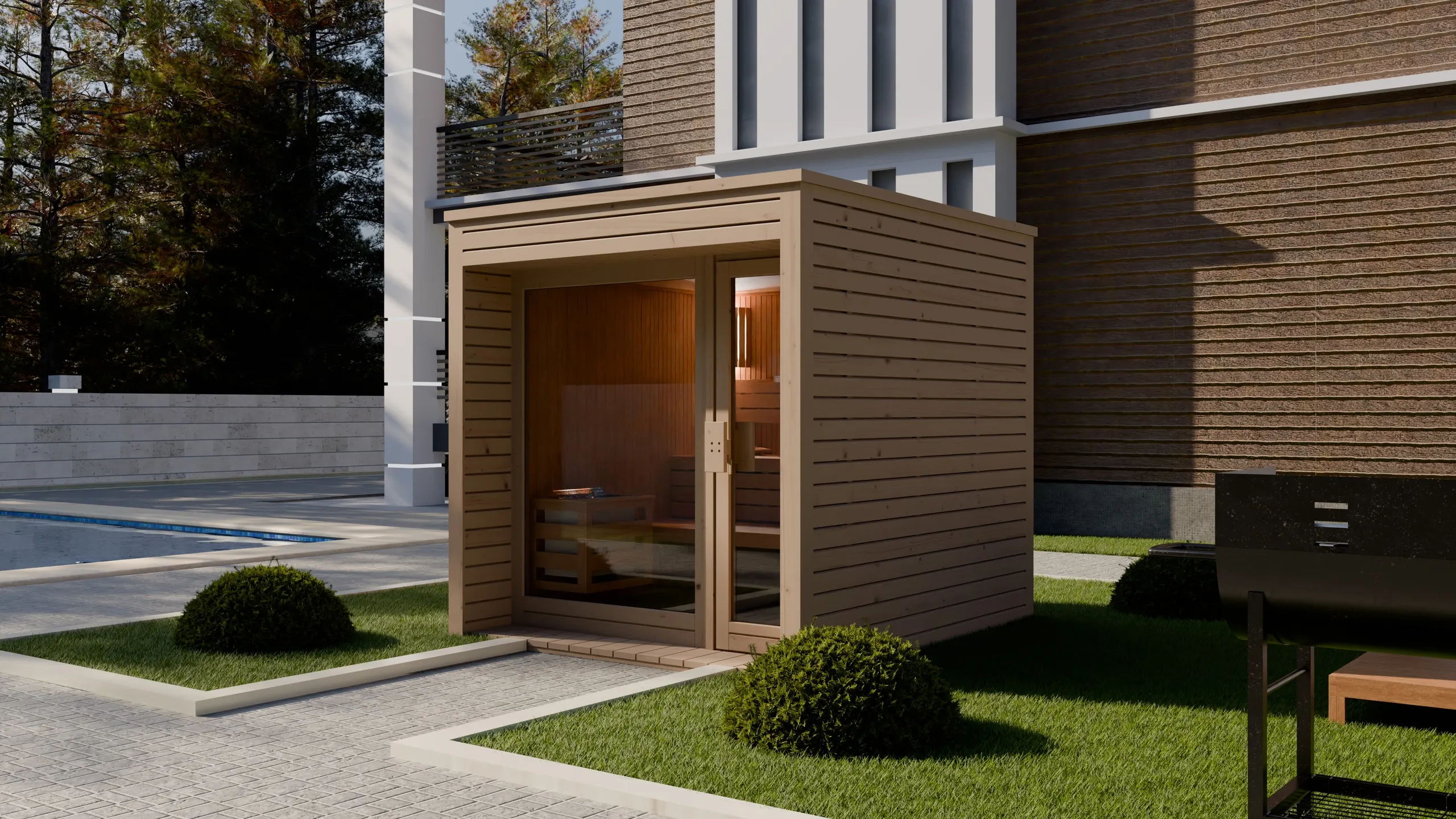 Exklusive Gartensauna mit großer Glasfront für Wellness im eigenen Garten nahe Koblenz