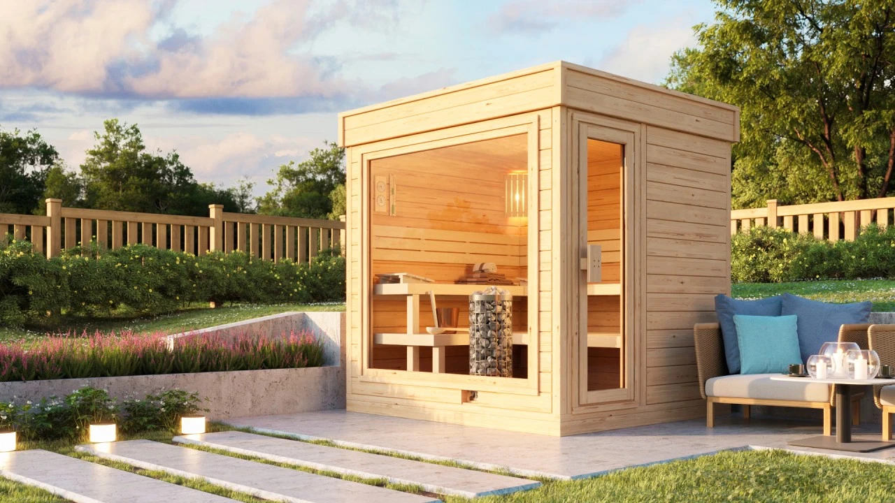 Moderne Gartensauna GABI mit großer Glasfront im Garten