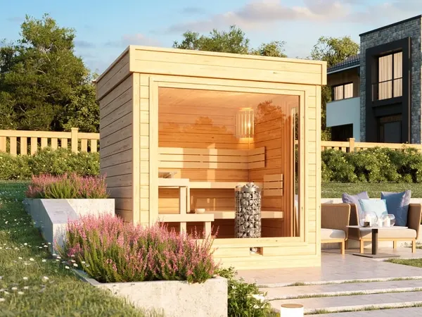 Gartensauna GABI aus Massivholz mit Flachdach