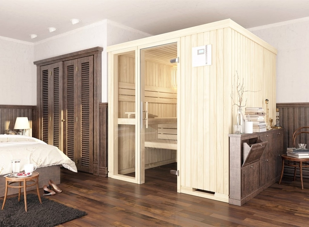 premium innensauna classic, massivholz sauna für zuhause, indoor sauna kaufen, sauna wohnraum design, classic heimsauna innenraum, sauna glastür ergonomisch