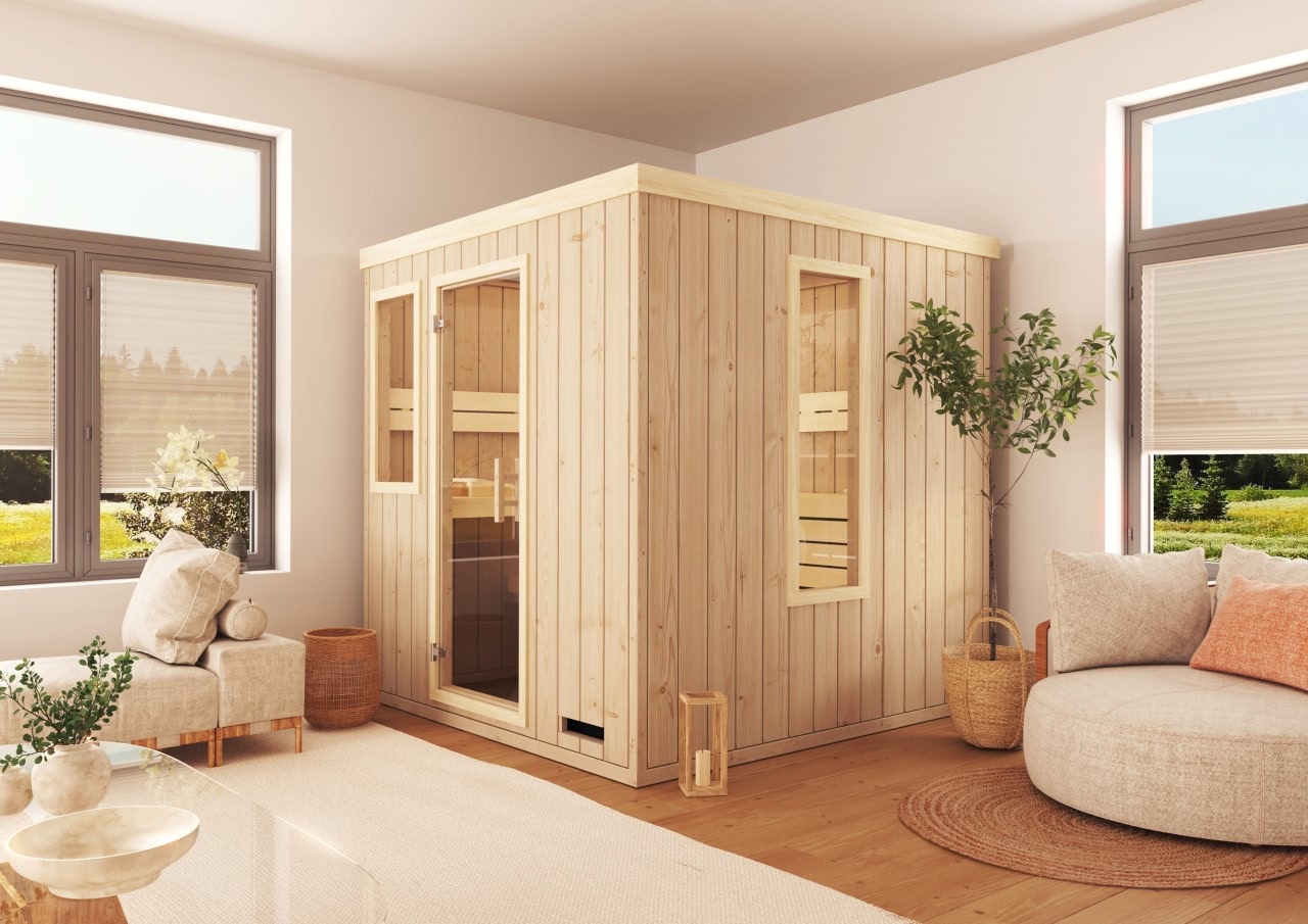 premium innensauna lena 4 eck, indoor sauna kaufen, innensauna für zuhause, innensauna innenraum holz, sauna indoor wellness, premium sauna wohnbereich, innensauna detailaufnahme, sauna holzverarbeitung, sauna 4 eck design, sauna innenbereich sitzplätze, ergonomische sauna bank, innensauna komfort