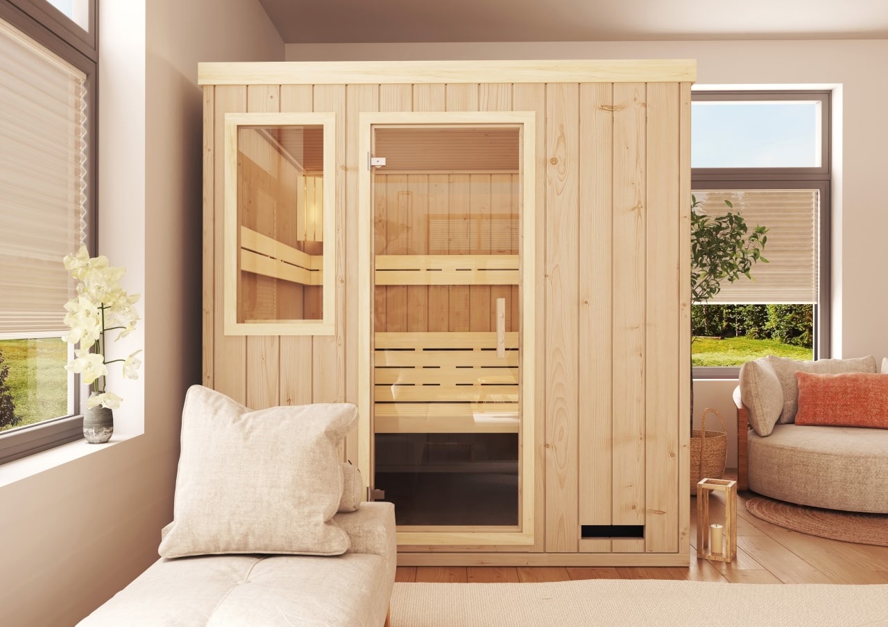 premium innensauna lena 4 eck, indoor sauna kaufen, innensauna für zuhause, innensauna innenraum holz, sauna indoor wellness, premium sauna wohnbereich, innensauna detailaufnahme, sauna holzverarbeitung, sauna 4 eck design, sauna innenbereich sitzplätze, ergonomische sauna bank, innensauna komfort