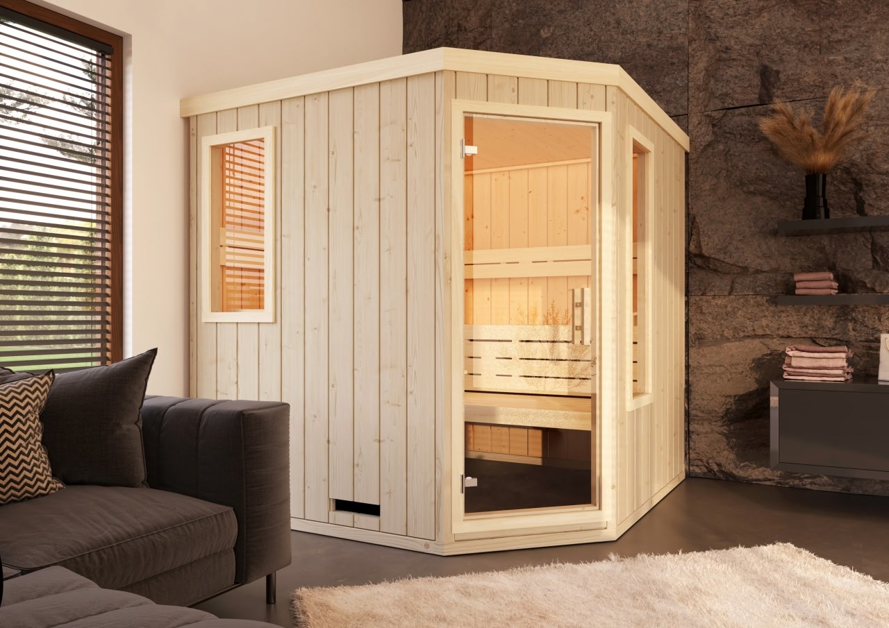 premium innensauna lena 5 eck, indoor sauna kaufen, innensauna für zuhause, innensauna innenraum holz, sauna indoor wellness, premium sauna wohnbereich, innensauna detailaufnahme, sauna holzverarbeitung, sauna 5 eck design, sauna innenbereich sitzplätze, ergonomische sauna bank, innensauna komfort