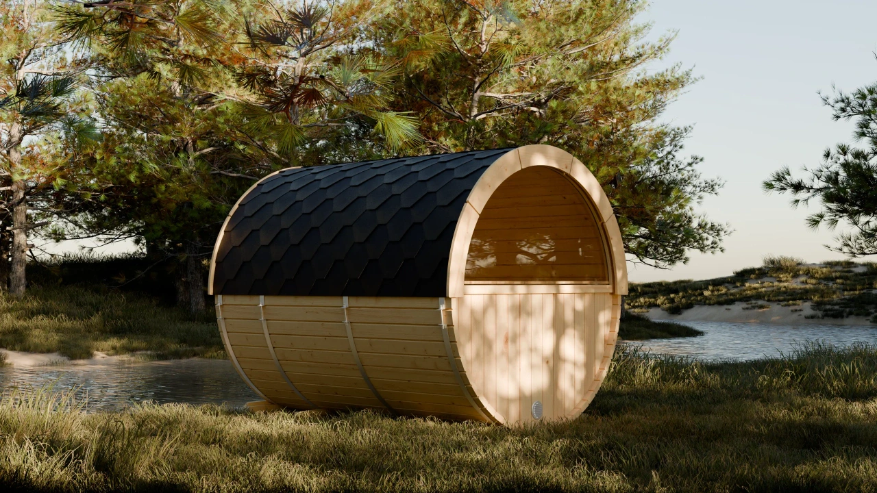 Moderne Fasssauna aus Holz für 4 Personen im Raum Köln und Düsseldorf