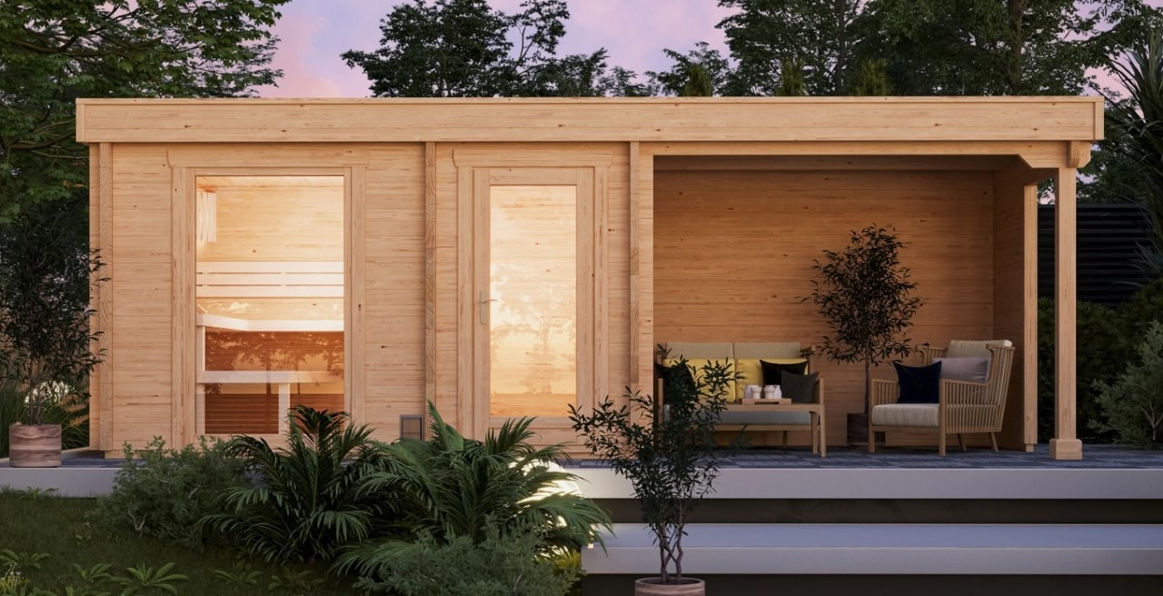Moderne Outdoor Sauna SANDRA 6723 mit überdachter Terrasse nahe Leverkusen und Bonn