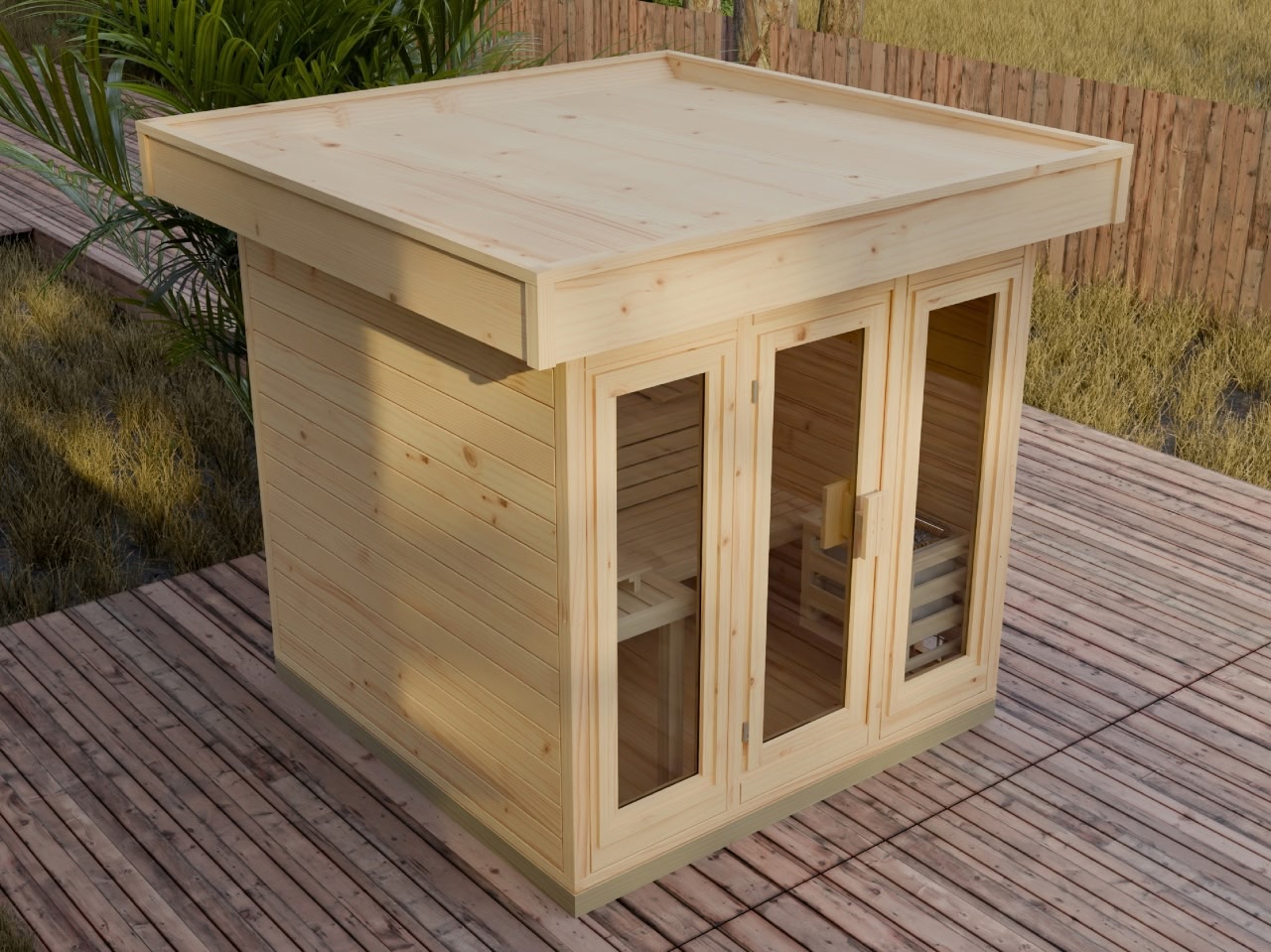 Moderne Gartensauna FRANCIS aus nordischer Fichte im Raum Düsseldorf und Koblenz