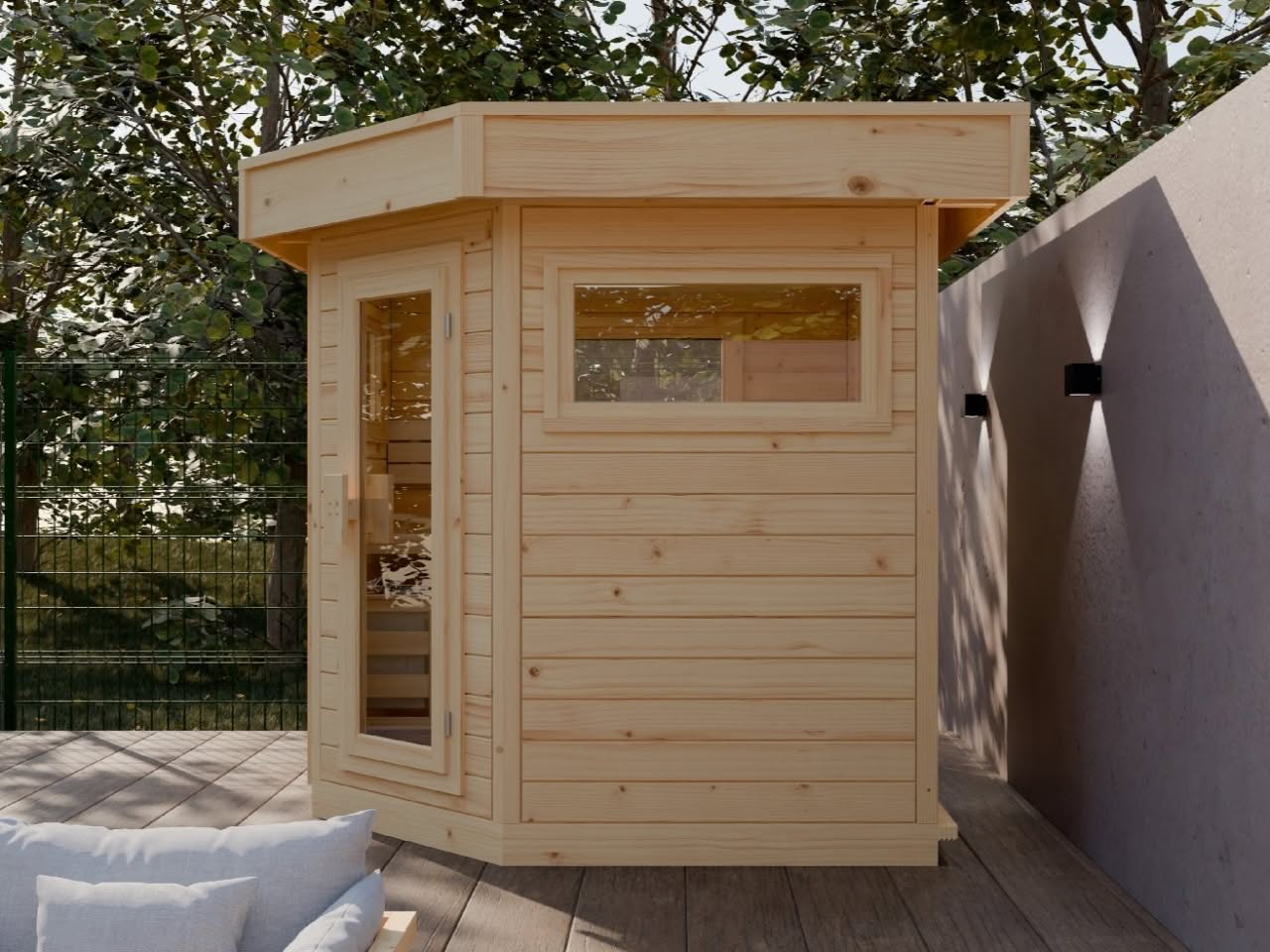 Exklusive Outdoor Sauna im 5-Eck Stil nahe Köln und Düsseldorf kaufen