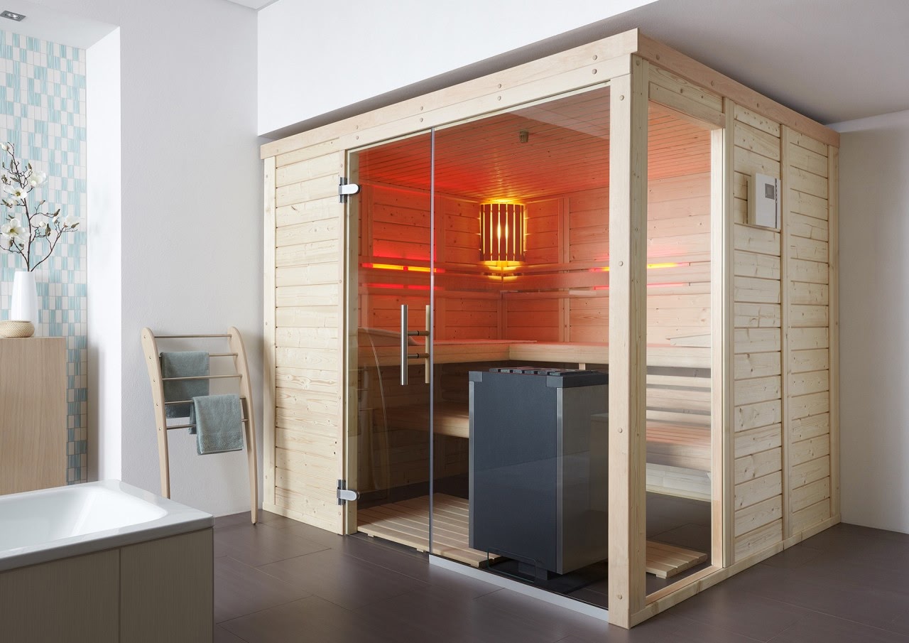 premium innensauna daniel massivholz, innensauna kaufen deutschland, blockbohlen sauna 45 mm, heimsauna polarfichte innenraum, sauna mit glastür innenbereich, massivholz sauna wohnraum