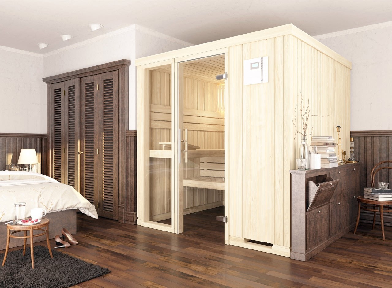 premium innensauna classic, massivholz sauna für zuhause, indoor sauna kaufen, sauna wohnraum design, classic heimsauna innenraum, sauna glastür ergonomisch