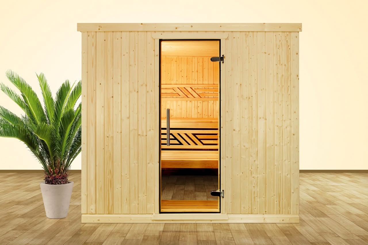 premium innensauna classic, massivholz sauna für zuhause, indoor sauna kaufen, sauna wohnraum design, classic heimsauna innenraum, sauna glastür ergonomisch