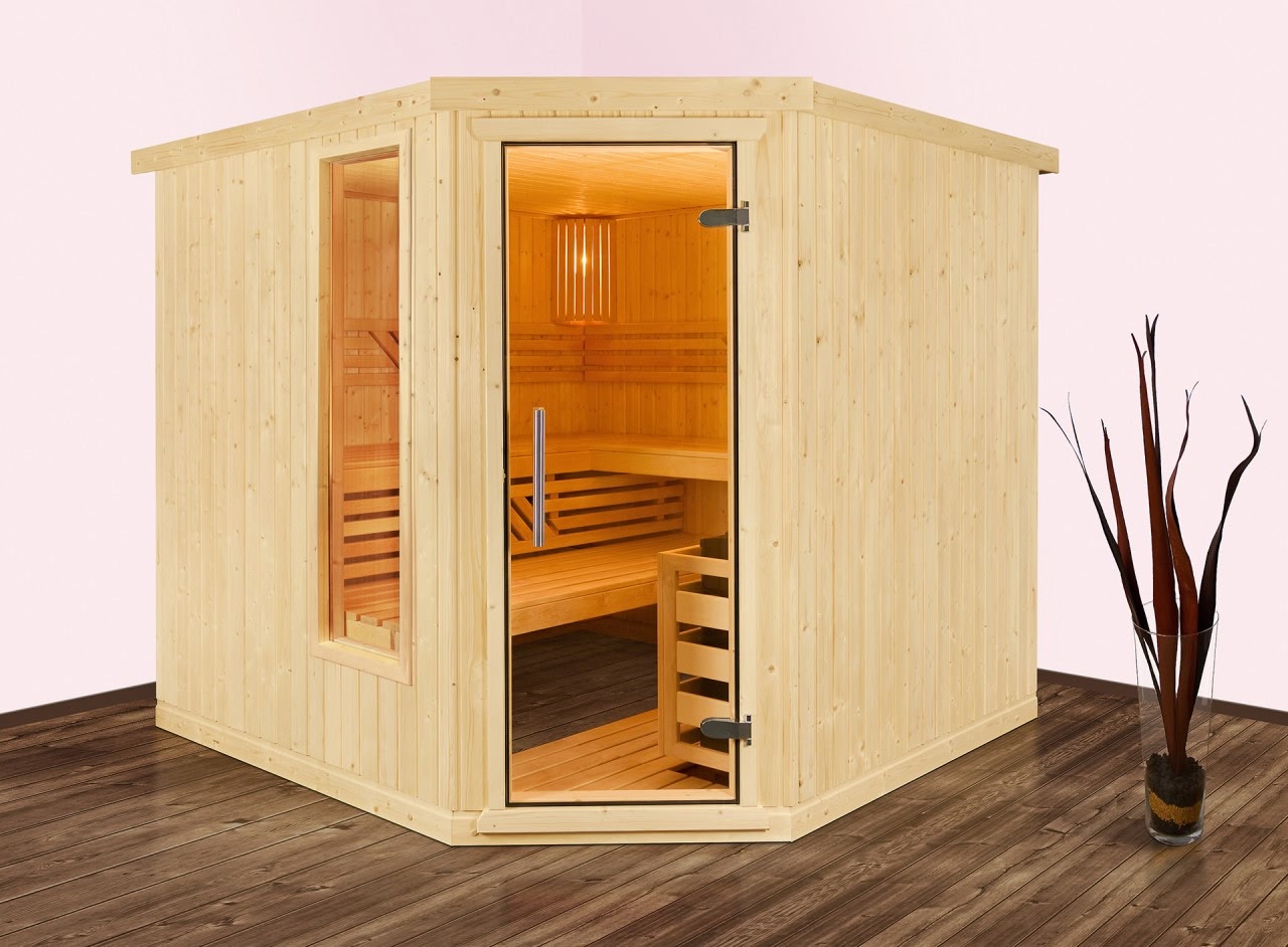 premium innensauna classic 5 eck eckeinstieg, innensauna 5 eck massivholz, heimsauna indoor kaufen, sauna wohnraum design, sauna glastür ergonomisch, blockbohlen sauna polarfichte innenraum