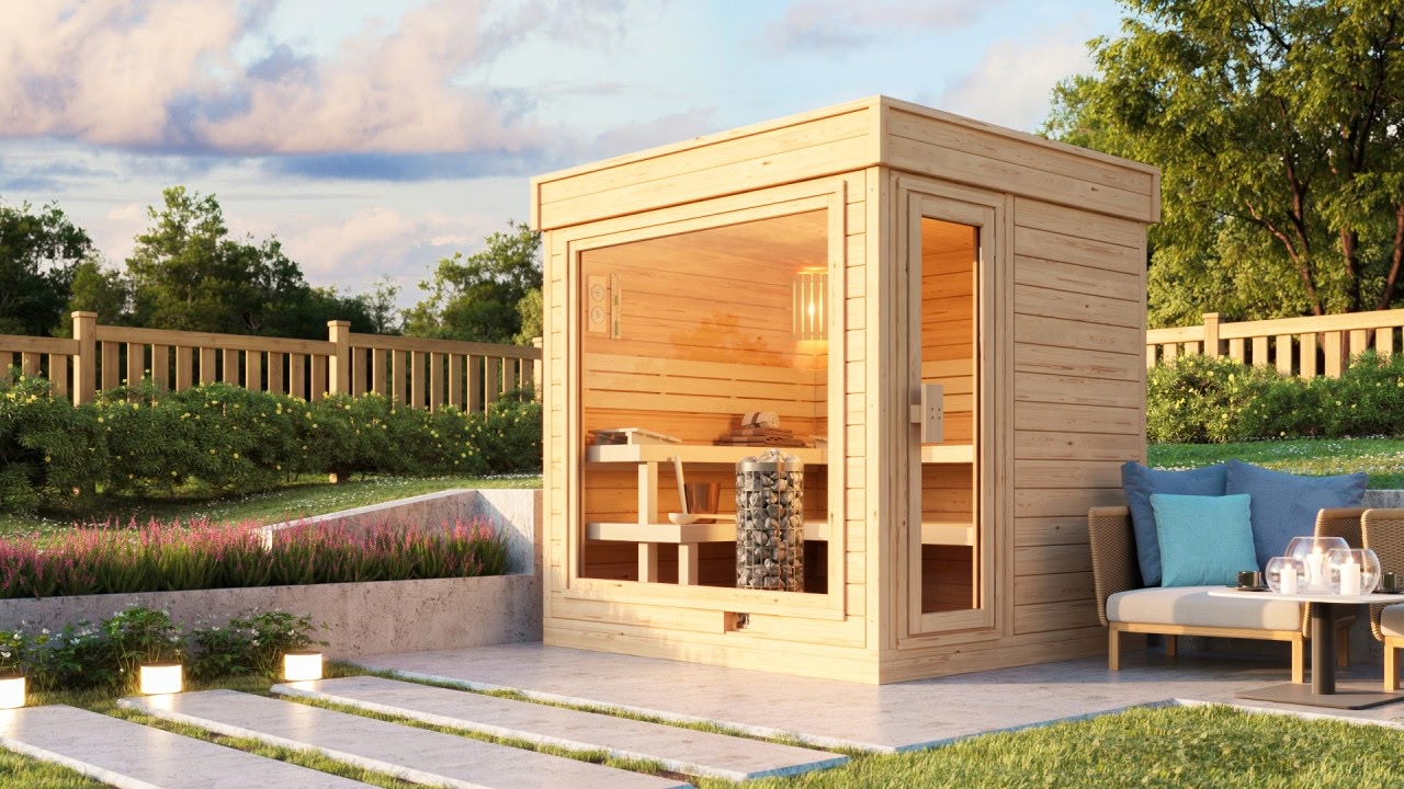 Moderne Gartensauna GABI mit großer Glasfront im Garten