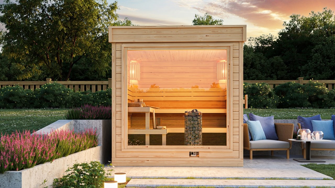 Hochwertige Außensauna GABI mit Glasfront
