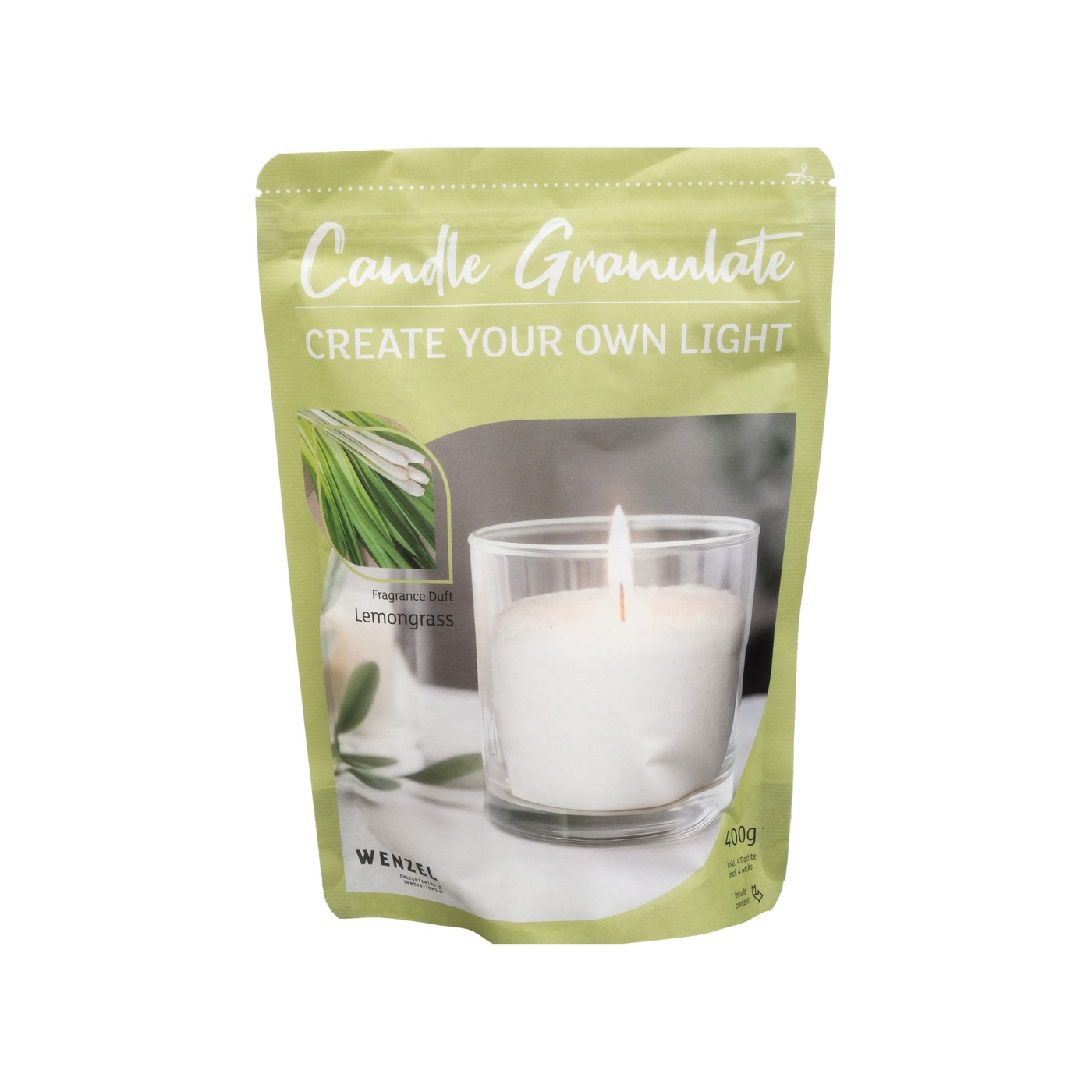 WENZEL Kerzengranulat 400g Lemongrass mit 4 Dochten und Haltern, Wenzel Kerzengranulat 400 g Lemongrass Duft zum Kerzen selber machen, Kerzengranulat Lemongrass 400g von WENZEL für DIY Kerzen im Glas, WENZEL Duft Kerzengranulat Lemongrass Set inklusive Docht und Halter, Kerzengranulat 400 g Lemongrass für ruhigen und rußarmen Abbrand, DIY Kerzen selber machen mit WENZEL Kerzengranulat Lemongrass, Wenzel Kerzenzubehör Kerzengranulat 400g Lemongrass Duftgranulat, Kerzen Granulat 400g Lemongrass zum Gießen von Duftkerzen, WENZEL Kerzengranulat Lemongrass Detailaufnahme Wachsgranulat Struktur, Kerzengranulat Set 400 g Lemongrass für Kerzen im Glas selber machen