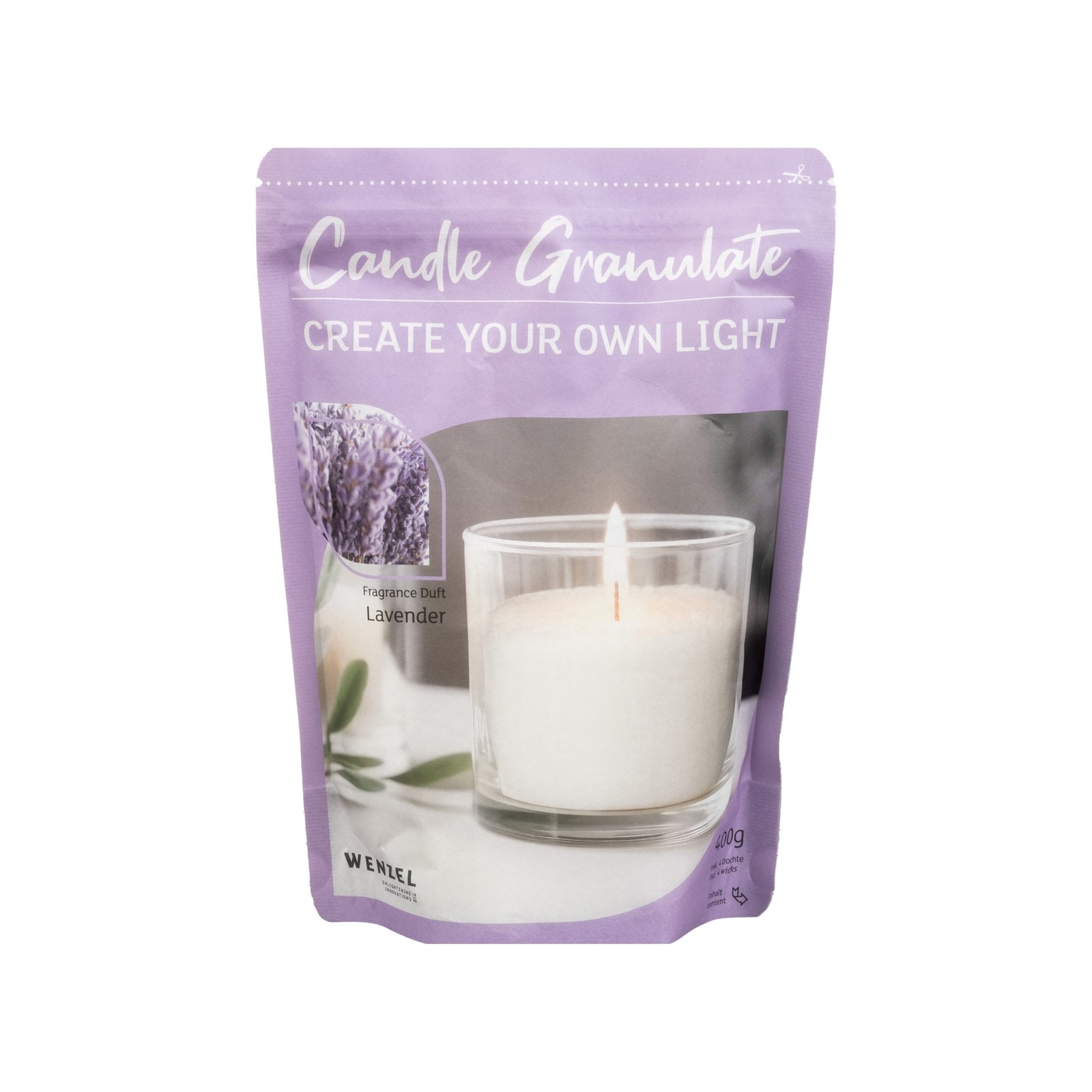 WENZEL Kerzengranulat 400 g Lavender mit 4 Dochten, Kerzengranulat Lavender 400g von WENZEL für DIY Kerzen, WENZEL Duft Kerzengranulat 400 g Lavendel zum Kerzen selber machen, Kerzengranulat 400 g Lavender Set inklusive Docht und Halter, Detailaufnahme WENZEL Kerzengranulat Lavender Wachsgranulat Struktur, DIY Kerzen im Glas mit WENZEL Kerzengranulat 400 g Lavendel, Kerzenzubehör WENZEL Kerzengranulat Lavender 400g