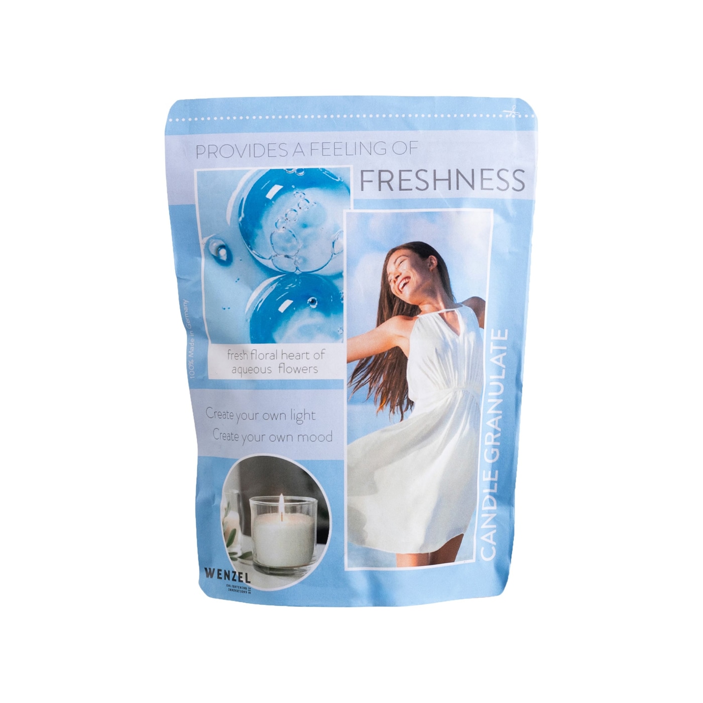 WENZEL Kerzengranulat 400 g Freshness mit 4 Dochten, Kerzengranulat Freshness 400g von WENZEL für DIY Kerzen, WENZEL Duft Kerzengranulat 400 g Freshness zum Kerzen selber machen, Kerzengranulat 400 g Freshness Set inklusive Docht und Halter, Detailaufnahme WENZEL Kerzengranulat Freshness Wachsgranulat Struktur, DIY Kerzen im Glas mit WENZEL Kerzengranulat 400 g Freshness, Kerzenzubehör WENZEL Kerzengranulat Freshness 400g