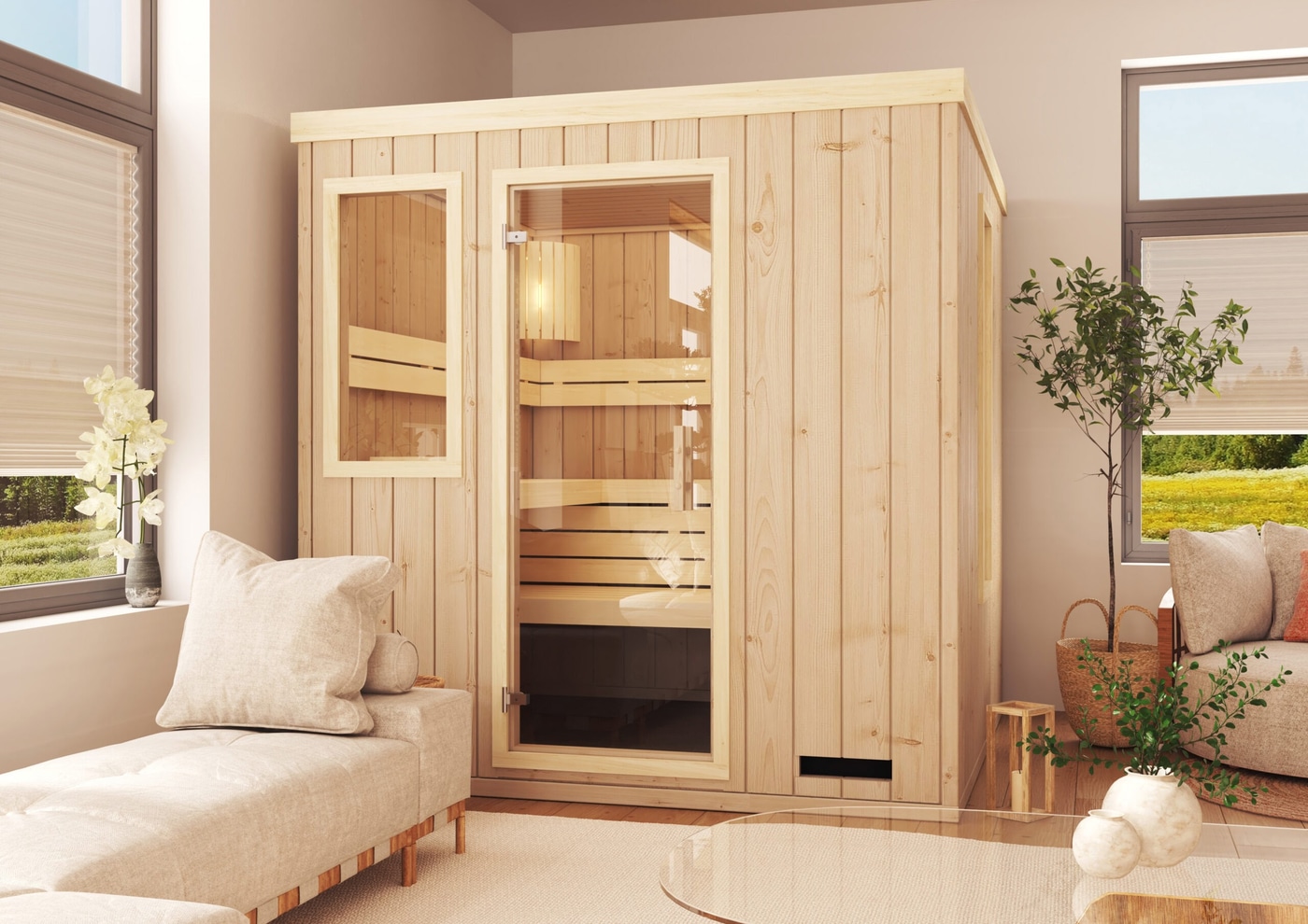 premium innensauna lena 4 eck, indoor sauna kaufen, innensauna für zuhause, innensauna innenraum holz, sauna indoor wellness, premium sauna wohnbereich, innensauna detailaufnahme, sauna holzverarbeitung, sauna 4 eck design, sauna innenbereich sitzplätze, ergonomische sauna bank, innensauna komfort
