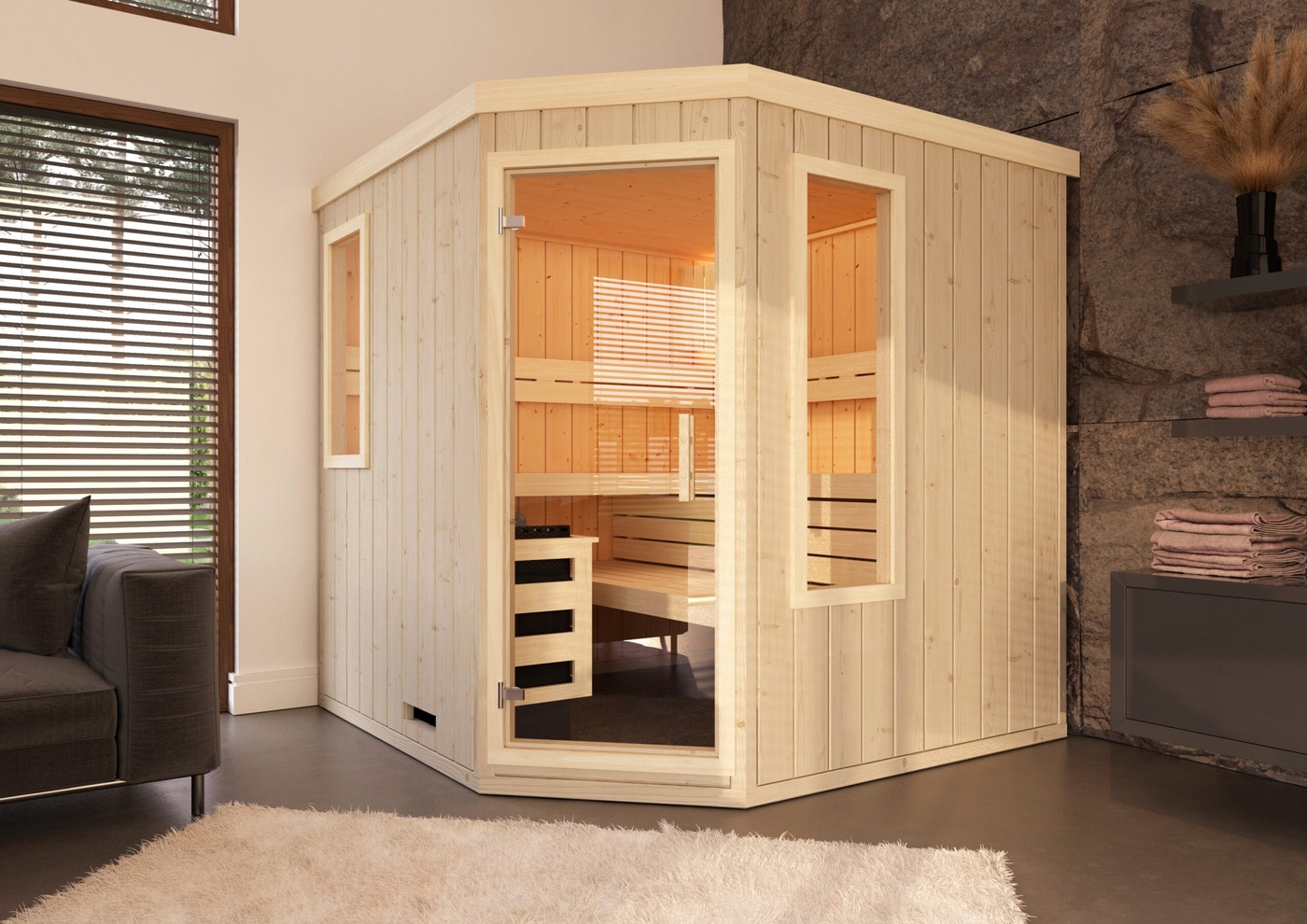 premium innensauna lena 5 eck, indoor sauna kaufen, innensauna für zuhause, innensauna innenraum holz, sauna indoor wellness, premium sauna wohnbereich, innensauna detailaufnahme, sauna holzverarbeitung, sauna 5 eck design, sauna innenbereich sitzplätze, ergonomische sauna bank, innensauna komfort