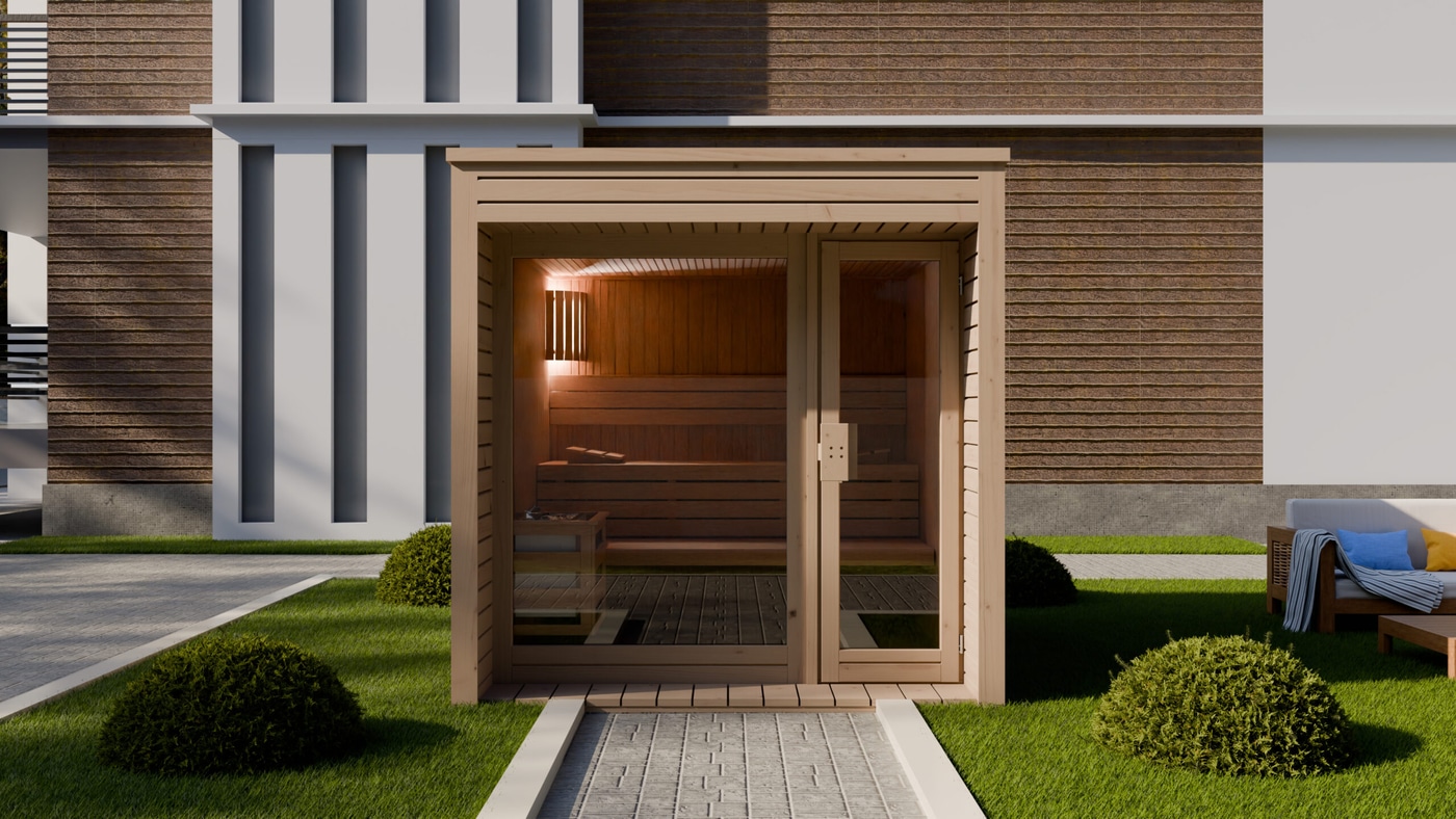Gartensauna INA mit Glasfront von Relaxklusiv nahe Bonn und Köln kaufen