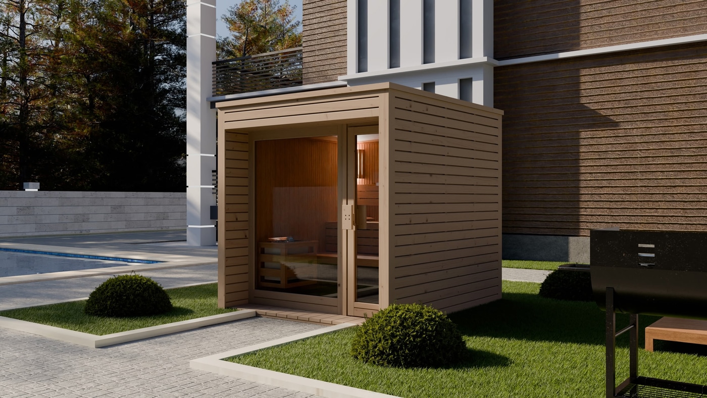 Exklusive Gartensauna mit großer Glasfront für Wellness im eigenen Garten nahe Koblenz