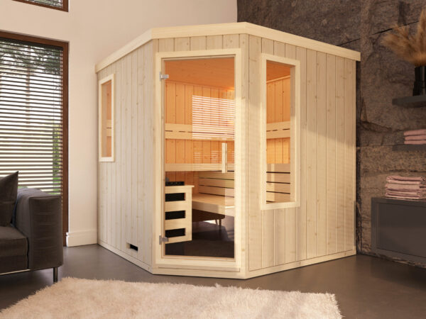 premium innensauna lena 5 eck, indoor sauna kaufen, innensauna für zuhause, innensauna innenraum holz, sauna indoor wellness, premium sauna wohnbereich, innensauna detailaufnahme, sauna holzverarbeitung, sauna 5 eck design, sauna innenbereich sitzplätze, ergonomische sauna bank, innensauna komfort