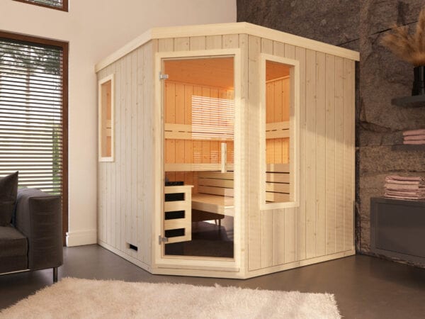 premium innensauna lena 5 eck, indoor sauna kaufen, innensauna für zuhause, innensauna innenraum holz, sauna indoor wellness, premium sauna wohnbereich, innensauna detailaufnahme, sauna holzverarbeitung, sauna 5 eck design, sauna innenbereich sitzplätze, ergonomische sauna bank, innensauna komfort