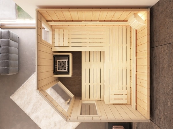 premium innensauna lena 5 eck, indoor sauna kaufen, innensauna für zuhause, innensauna innenraum holz, sauna indoor wellness, premium sauna wohnbereich, innensauna detailaufnahme, sauna holzverarbeitung, sauna 5 eck design, sauna innenbereich sitzplätze, ergonomische sauna bank, innensauna komfort