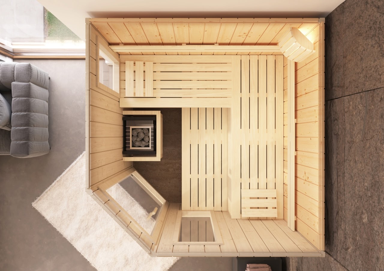 premium innensauna lena 5 eck, indoor sauna kaufen, innensauna für zuhause, innensauna innenraum holz, sauna indoor wellness, premium sauna wohnbereich, innensauna detailaufnahme, sauna holzverarbeitung, sauna 5 eck design, sauna innenbereich sitzplätze, ergonomische sauna bank, innensauna komfort