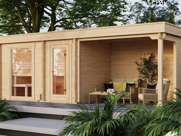 Gartensauna SANDRA 6723 mit Vorraum und Terrasse von Relaxklusiv nahe Bonn kaufen