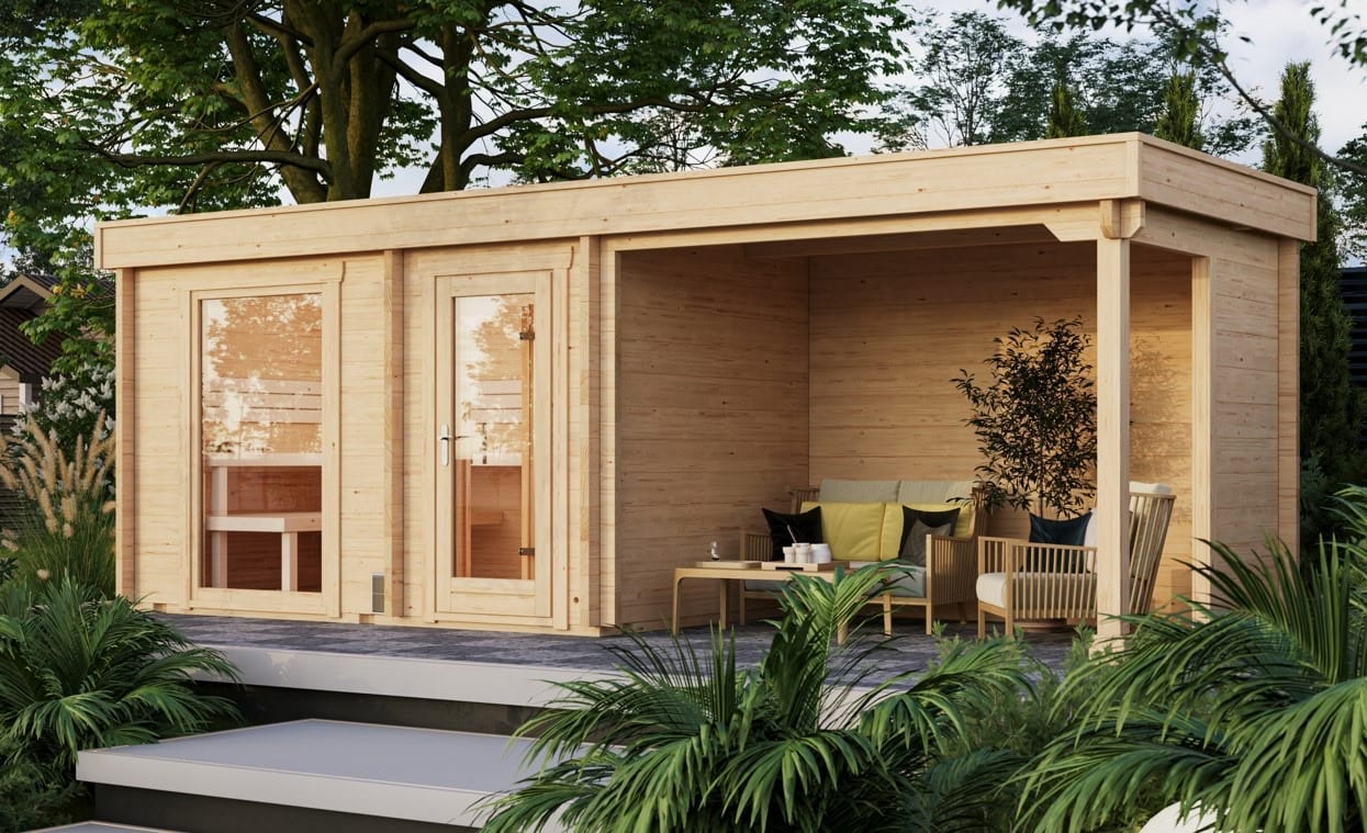 Gartensauna SANDRA 6723 mit Vorraum und Terrasse von Relaxklusiv nahe Bonn kaufen