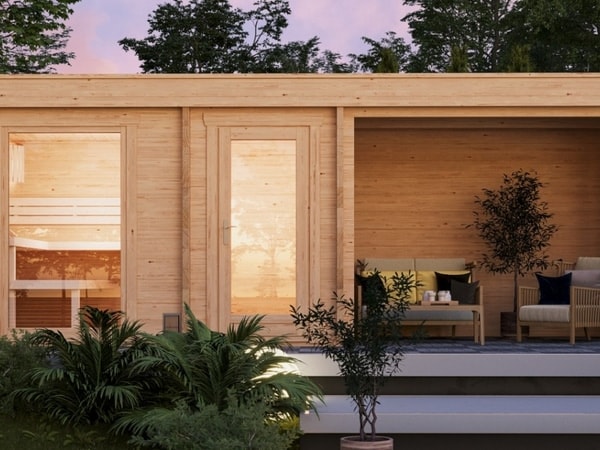 Moderne Outdoor Sauna SANDRA 6723 mit überdachter Terrasse nahe Leverkusen und Bonn