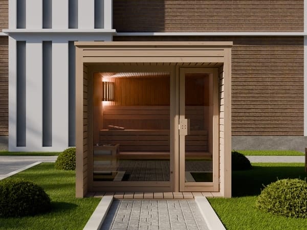 Gartensauna INA mit Glasfront von Relaxklusiv nahe Bonn und Köln kaufen