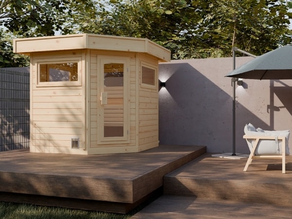 Premium Gartensauna mit modernem 5-Eck Design nahe Neuwied und dem Rhein-Sieg-Kreis
