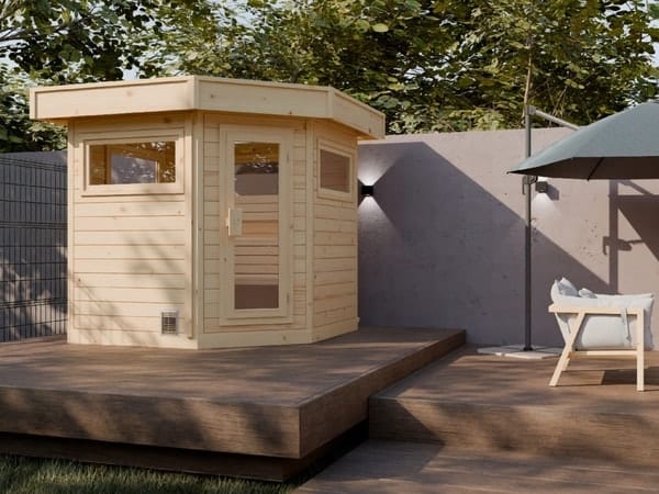 Premium Gartensauna mit modernem 5-Eck Design nahe Neuwied und dem Rhein-Sieg-Kreis