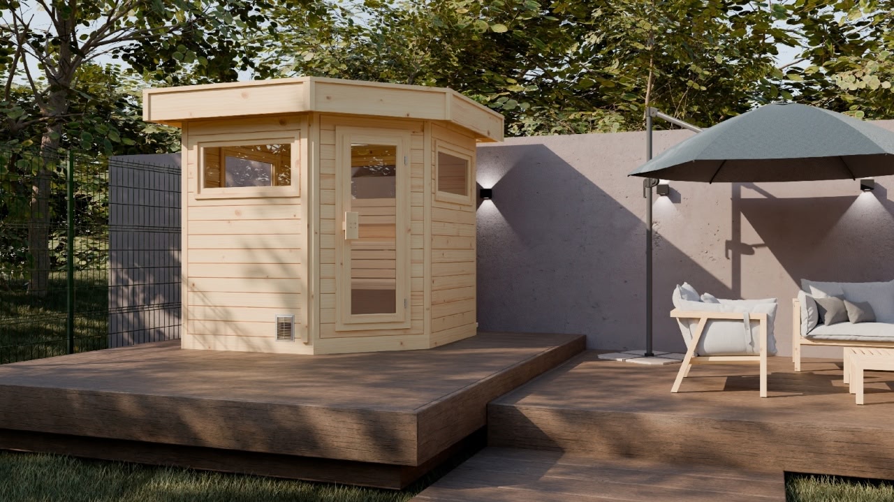 Premium Gartensauna mit modernem 5-Eck Design nahe Neuwied und dem Rhein-Sieg-Kreis