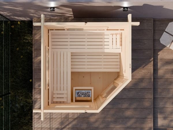 Moderne 5-Eck Gartensauna FRANCIS für den Garten im Raum Düsseldorf und Koblenz