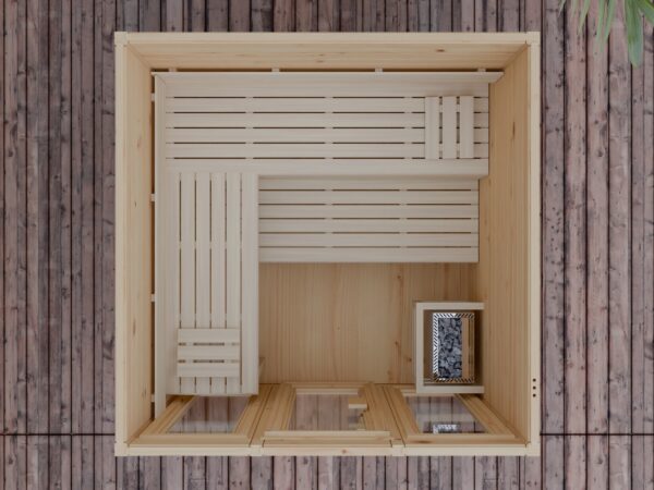 Premium Gartensauna mit modernem 4-Eck Design nahe Neuwied und dem Rhein-Sieg-Kreis
