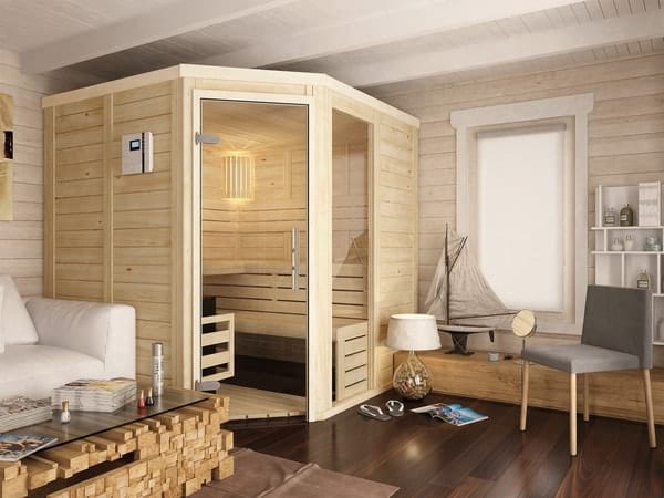 premium innensauna daniel 5 eck, innensauna 5 eck massivholz, heimsauna indoor kaufen, sauna wohnraum design, blockbohlen sauna polarfichte, ergonomische saunaliege innenraum