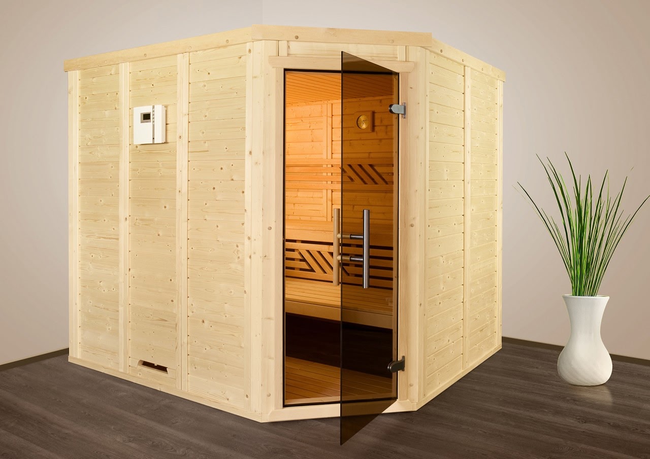 premium innensauna daniel 5 eck, innensauna 5 eck massivholz, heimsauna indoor kaufen, sauna wohnraum design, blockbohlen sauna polarfichte, ergonomische saunaliege innenraum